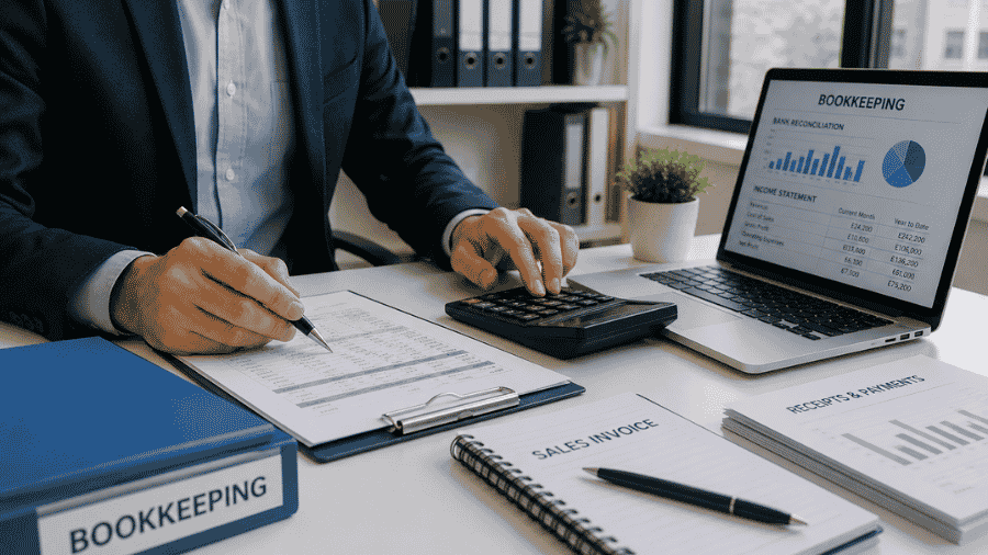 UK accountants reviewing outsourced bookkeeping ledgers