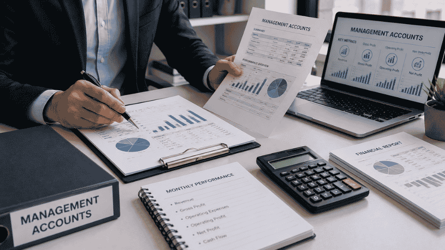 UK accountants reviewing outsourced management accounts reports
