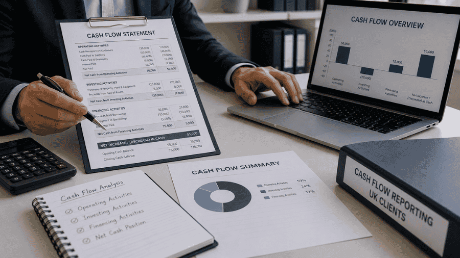UK accountants reviewing outsourced cash flow reporting