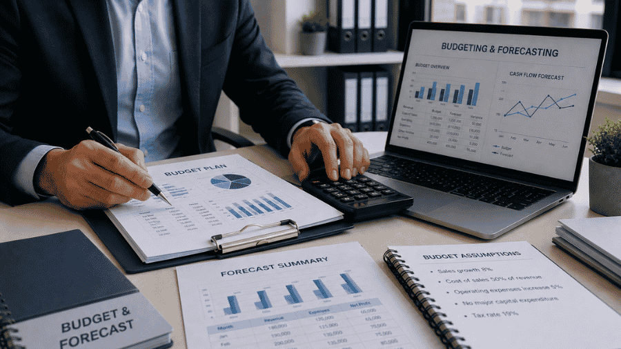 UK accountants reviewing outsourced budgeting and forecasting reports