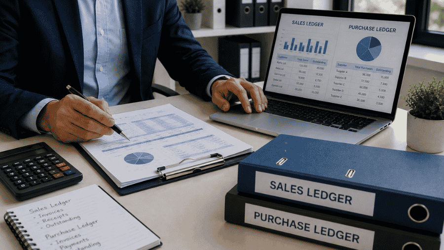 UK accountants reviewing outsourced sales and purchase ledger reports