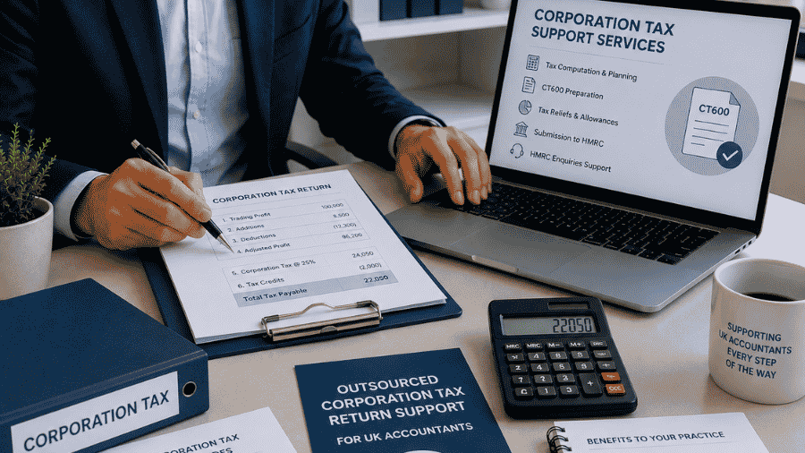 UK accountants reviewing outsourced corporation tax return and CT600 preparation