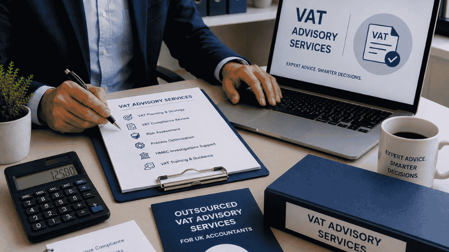 UK accountants reviewing outsourced VAT advisory and planning notes