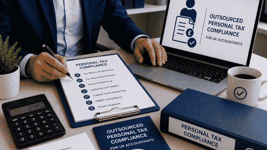 UK accountants reviewing outsourced personal tax compliance support