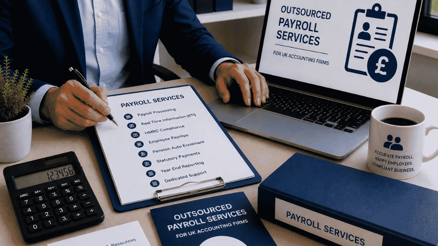 UK accounting firm reviewing outsourced payroll processing support