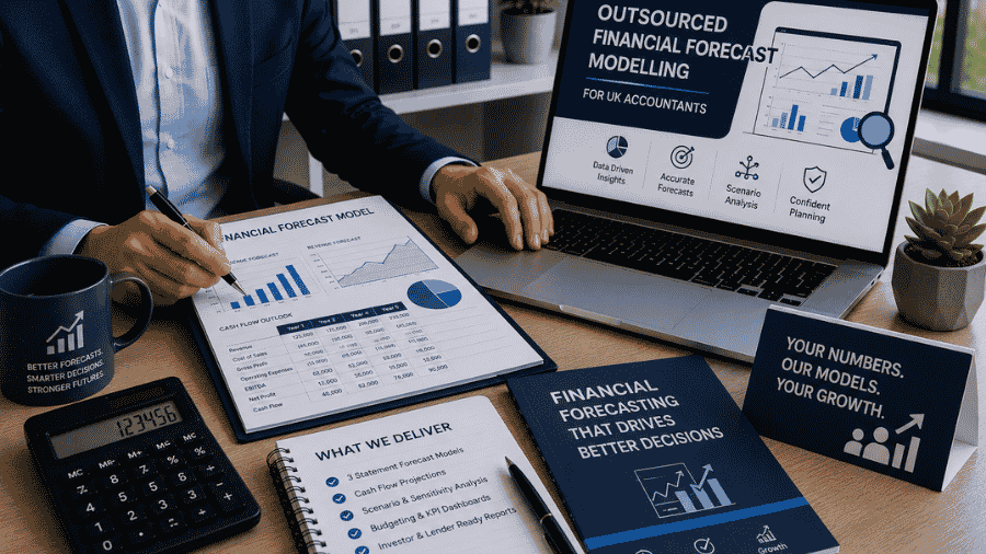 UK accountants reviewing financial forecast modelling dashboard