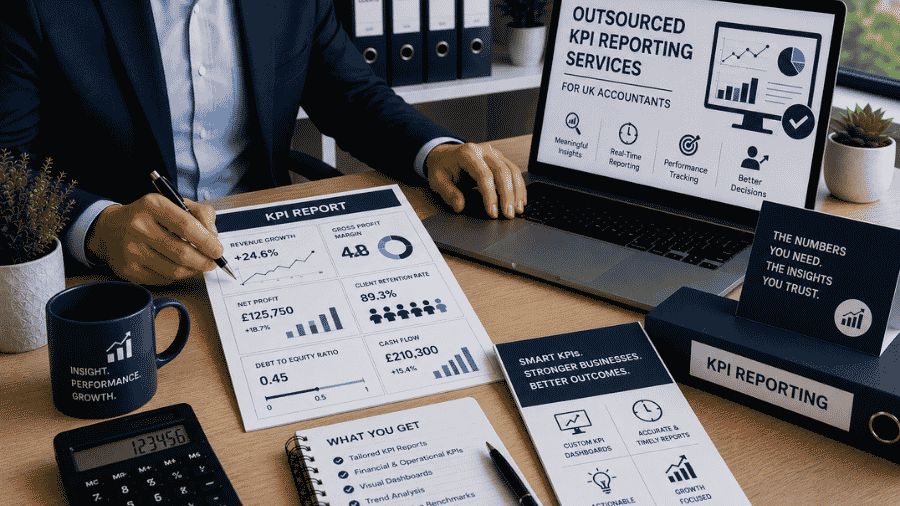 UK accountants reviewing KPI dashboard and business performance metrics