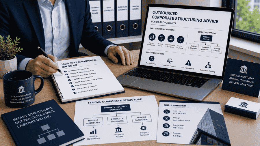 UK accountants reviewing corporate structure and holding company advisory plan