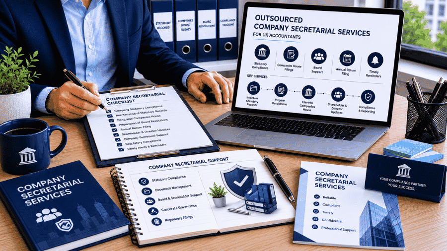 UK accountants reviewing company secretarial compliance documents